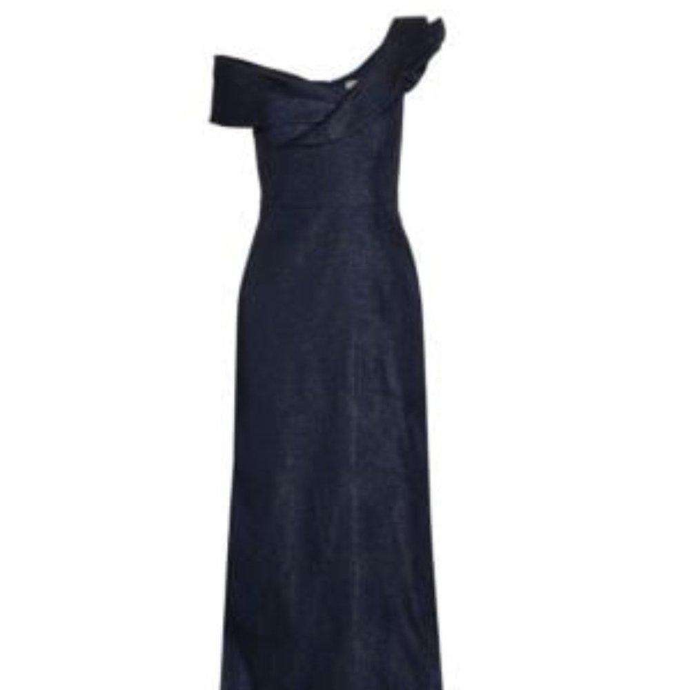 Teri Jon by Rickie Freeman Double Layer Ruffle One Shoulder Jacquard Sapphire